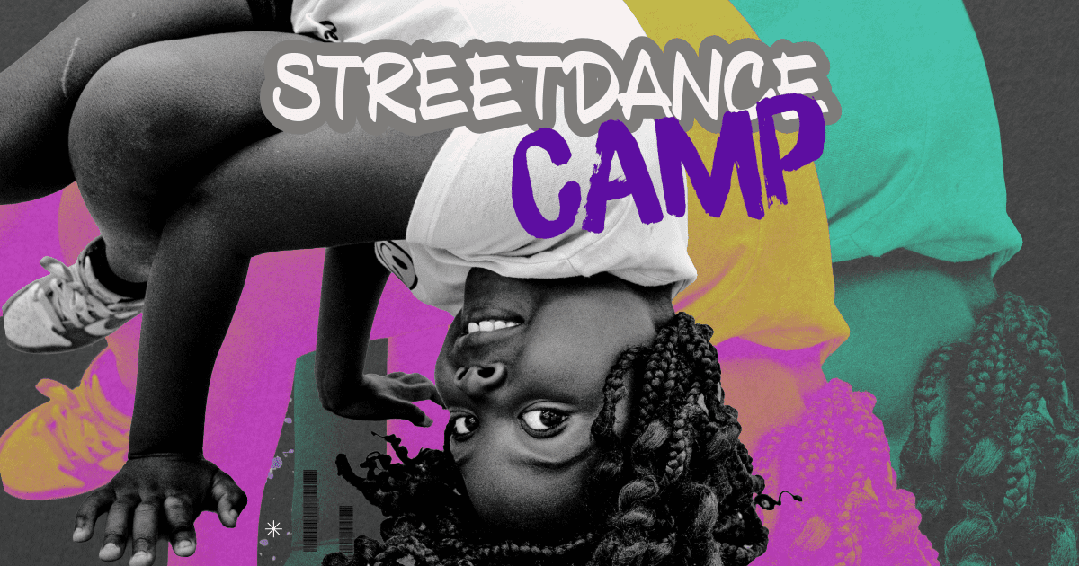 Text that reads Street Dance camp with a colorful image of a child break dancing